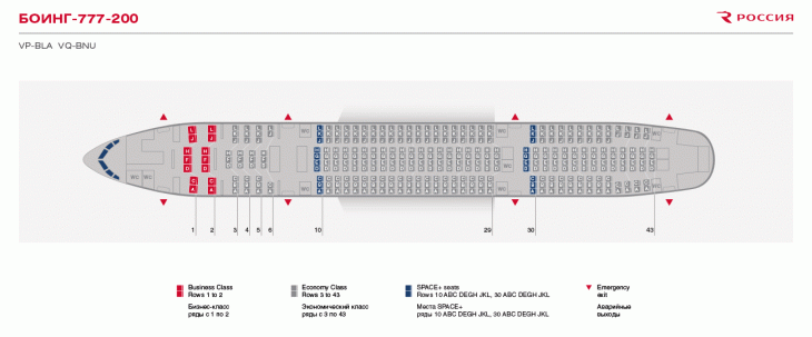 Схема салона самолета Boeing 777-200ER авиакомпании Россия