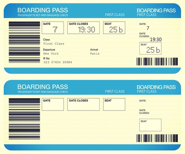 После регистрации вам выдадут посадочный талон (анг. boarding pass) и багажные бирки (наклейки, которые клеят на паспорт или посадочный талон, они помогут вам найти ваш чемодан по прилету).