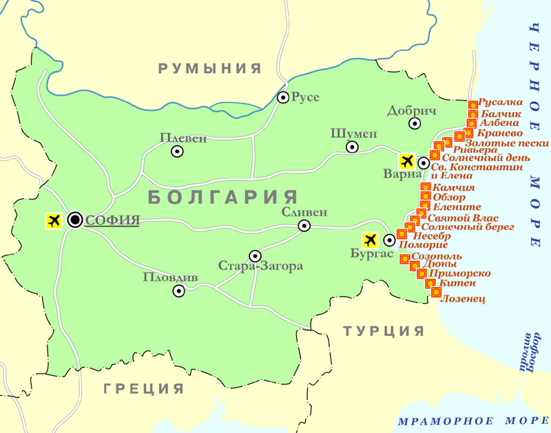 Аэропорты на карте Болгарии
