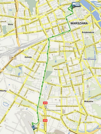 Карта маршрута Автобуса 175 Старое место - аэропорт Шопен