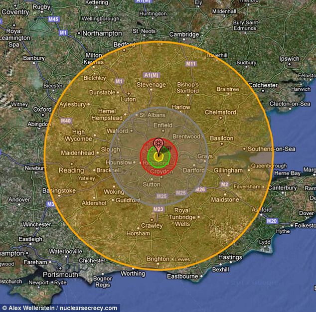 This picture, taken from the Nukemap, shows the level of destruction that would be caused if the Tsar Bomba - the largest USSR bomb designed - was dropped on London