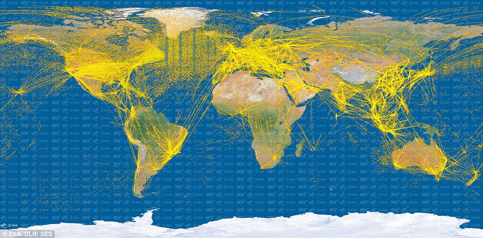 The Proba-V satellite has picked up signals from thousands of aircraft. Now, Esa has used these signals to create an incredible flight map showing 15,000 separate aircraft based on 25 million positions