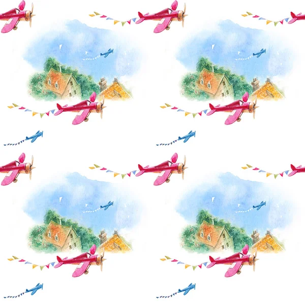 Seamless Pattern Watercolor City Children Vintage Planes Nature Summer Vacation Stock Photo