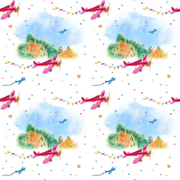 Seamless Pattern Watercolor City Children Vintage Planes Nature Summer Vacation Stock Image