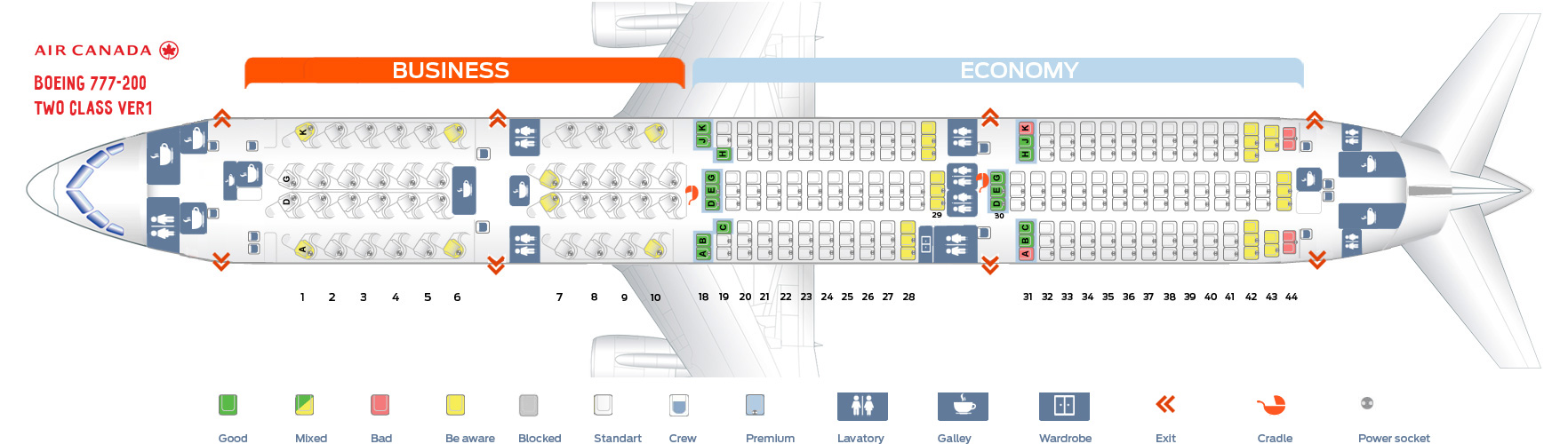 Seat map Air Canada Boeing-777-200 Two Class version 1