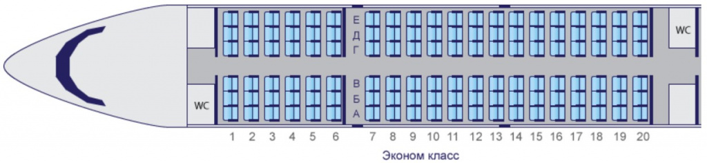 Схема салона самолета Як-42 в одноклассовой компоновке на 120 мест