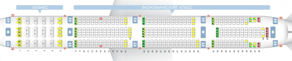 Схема салона с двумя классами обслуживания, лучшие и менее комфортные места в самолете Boeing 777-300ER авиакомпании «Emirates Airlines»