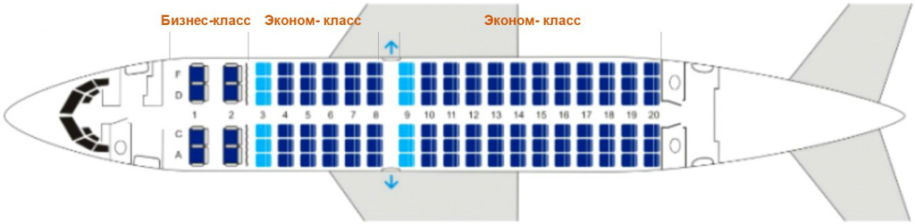 Расположение и нумерация мест в салоне, схема посадочных мест в самолете Boeing 737-500 авиакомпании «Нордавиа»