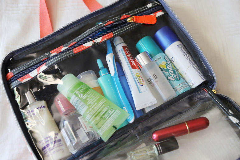toiletries in a bag to travel