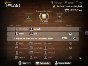 Screen zeigt Spielerliste, die online Skat spielen